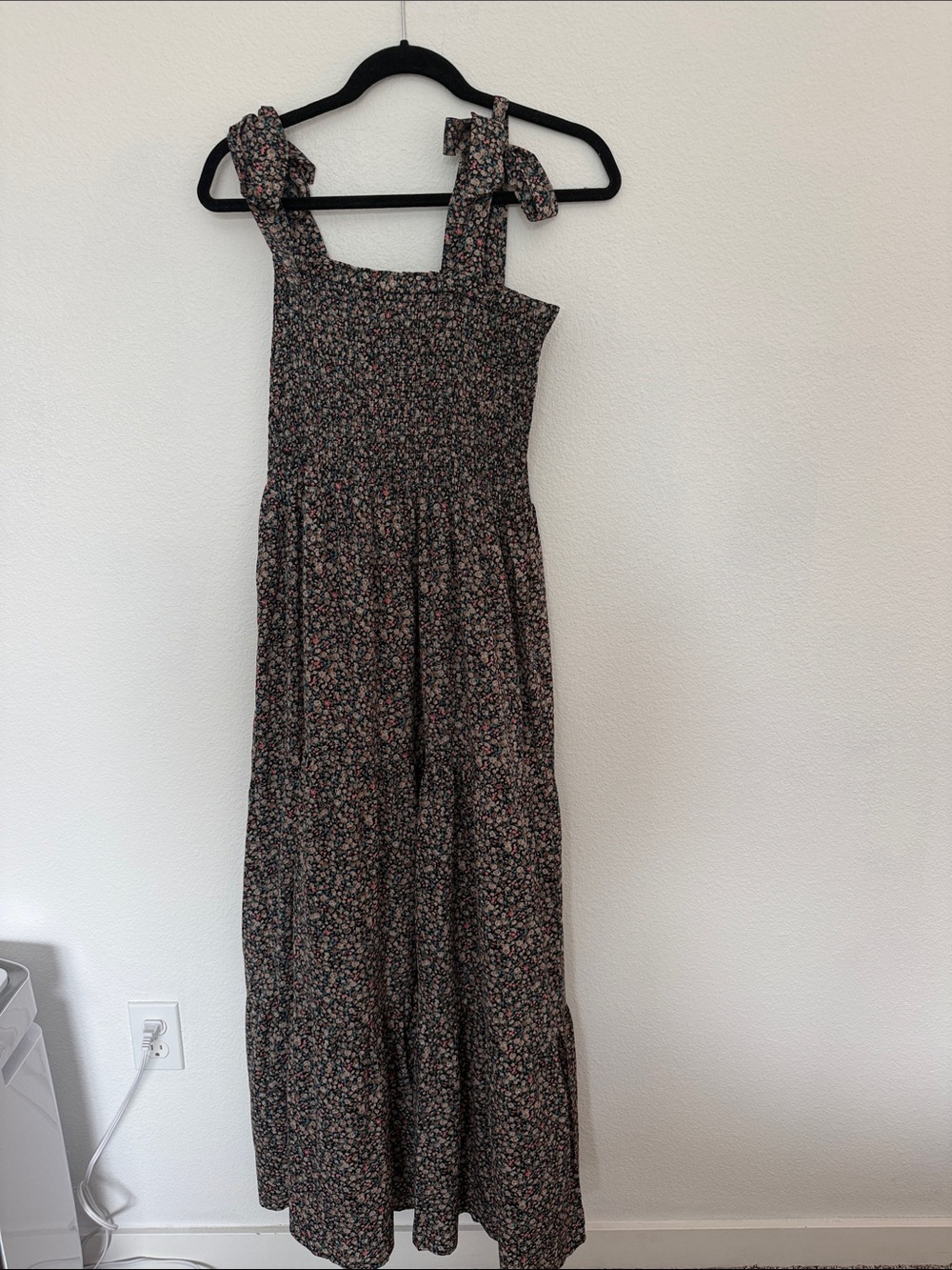 Floral Tie-Shoulder Maxi Dress in Black with Pink & Green